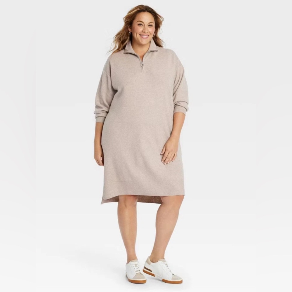 Women's Quarter Zip Long Sleeve Mini Sweater Dress - Ava & Viv 3X